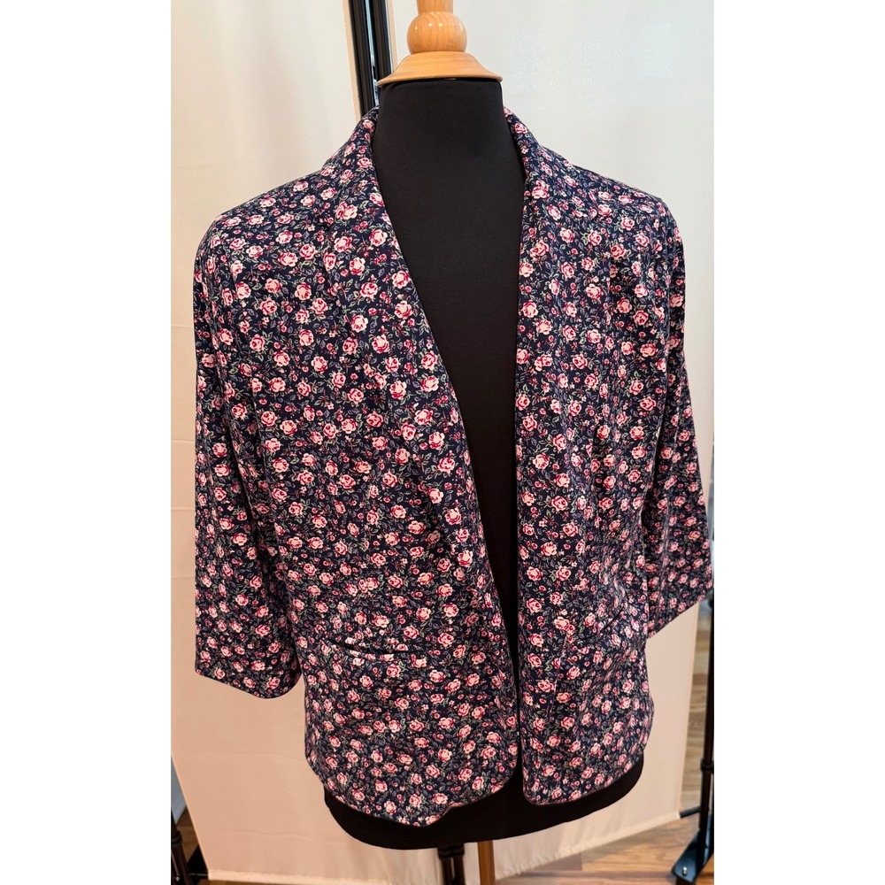 LC Lauren Conrad Floral Blazer Navy Pink Rose Print 3/4 Sleeve XL